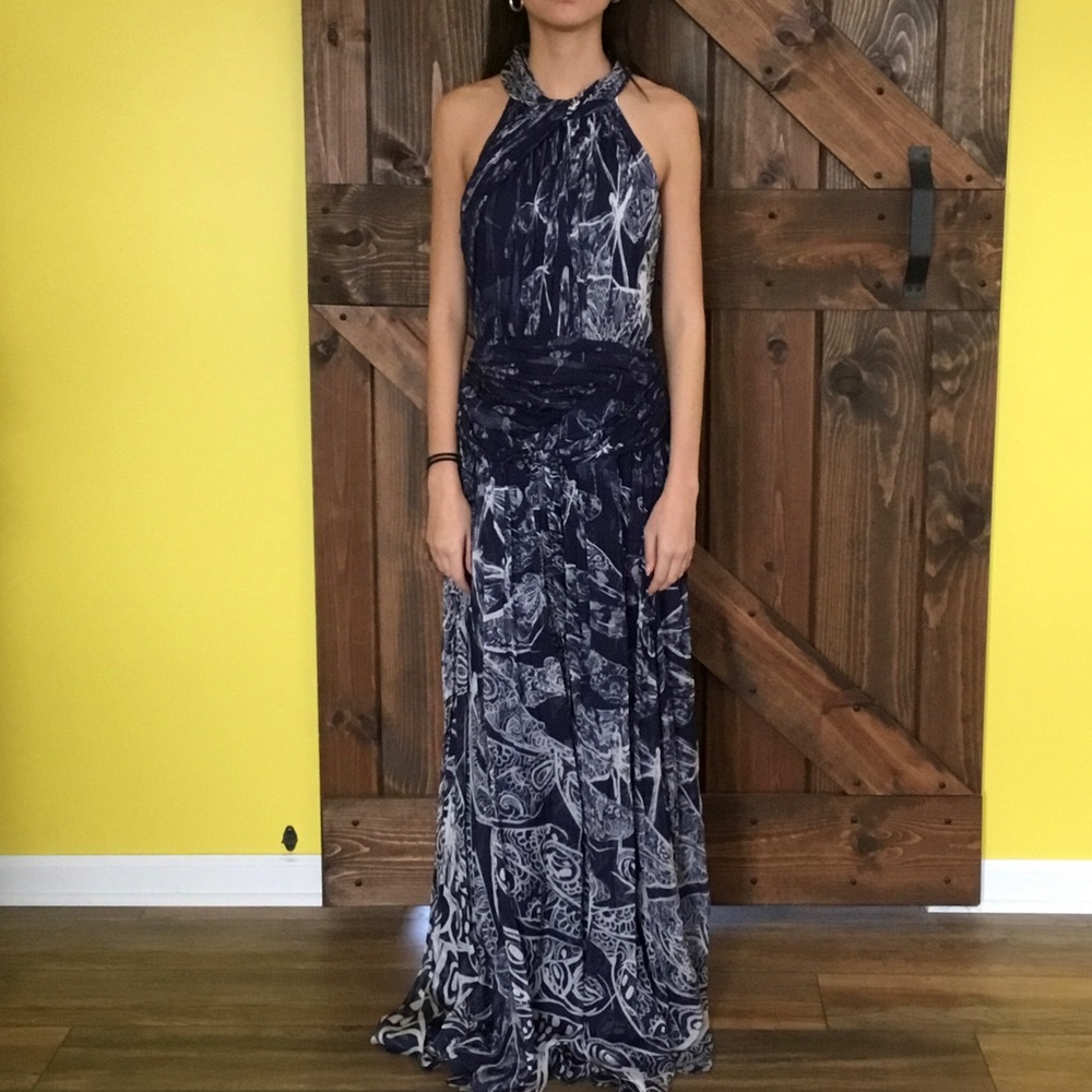 Matthew Williamson Twisted Collar Dragonfly Silk Maxi Gown FLAWED